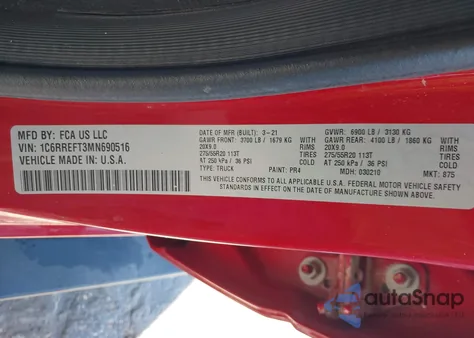 2021 Ram 1500 Lone Star 4X2 5'7 Box z USA, uszkodzony, nr VIN 1C6RREFT3MN690516